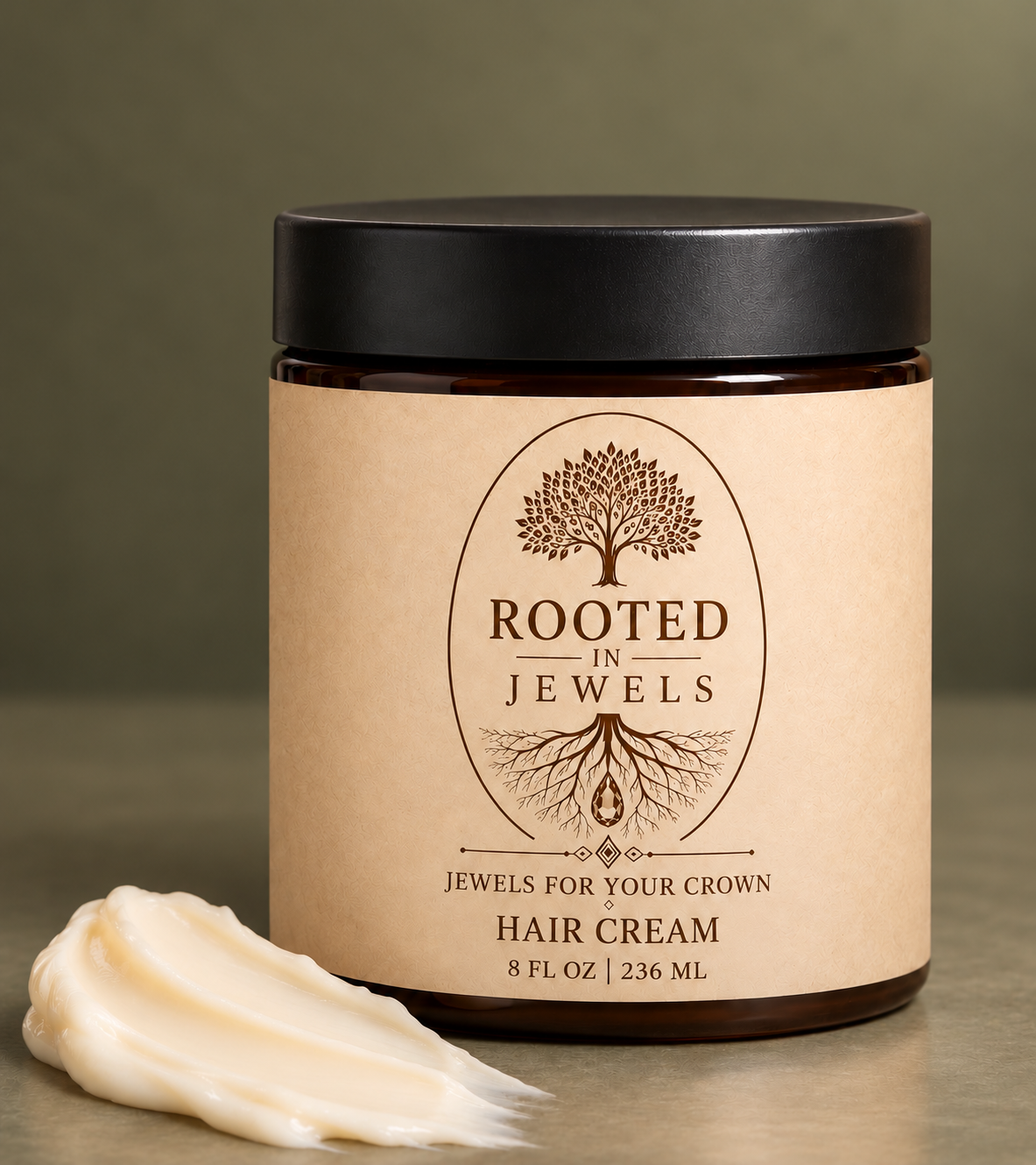 Rooted In Jewels Hair Creme on an olive ash gray-green background