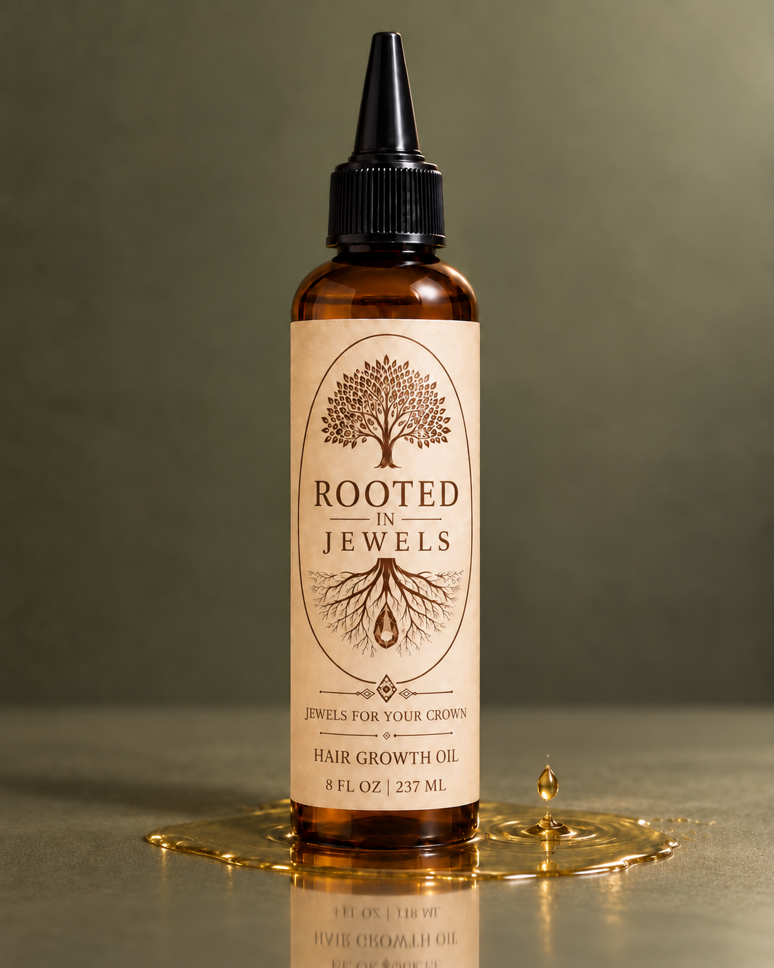 Rooted In Jewels Hair Growth Oil on an olive ash gray-green background