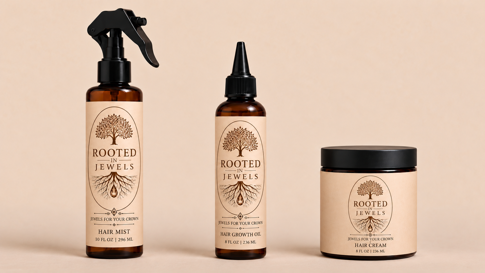 Rooted In Jewels hair mist, hair growth oil, and hair cream in amber packaging